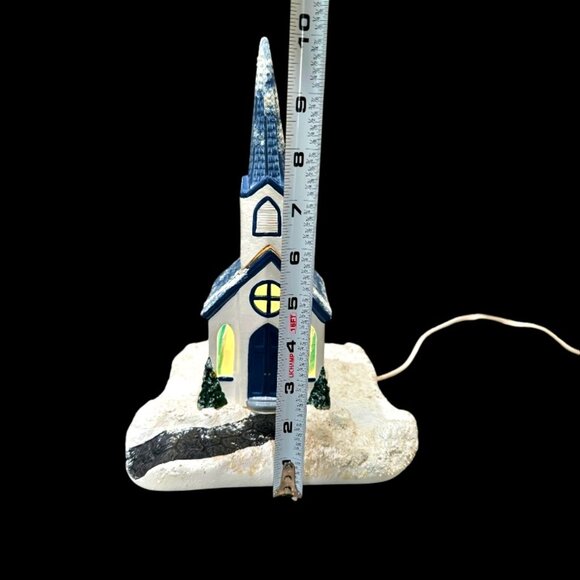 Vintage Christmas Village Snowy Church Chapel 2 Piece Lighted Blue White 11.5" - Picture 12 of 12